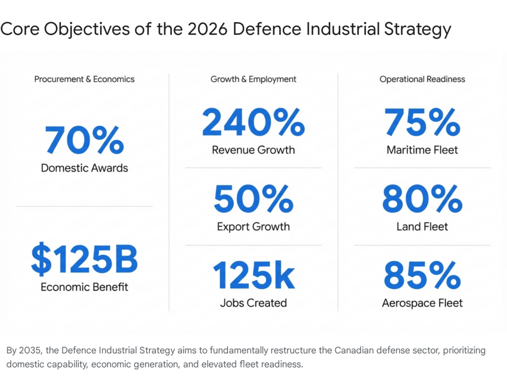 Core objectives of the 2026 Defence Industrial Strategy, including procurement, growth, and operational readiness targets.