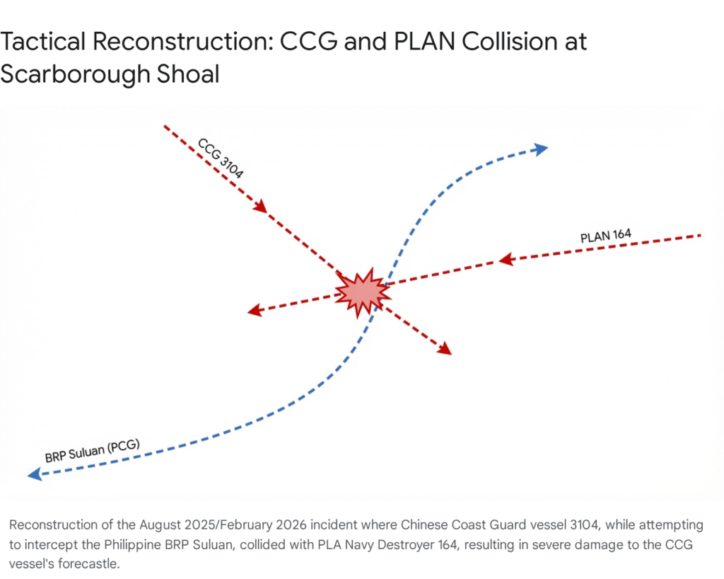 Tactical reconstruction of the CCG and PLAN collision at Scarborough Shoal, including CCG 3104, PLAN 164, and BRP Suluan.
