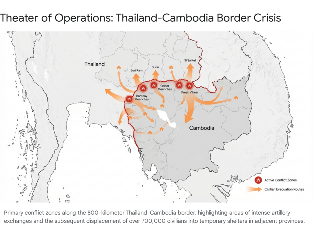 Map of Thailand-Cambodia border crisis showing conflict zones and civilian evacuation routes.