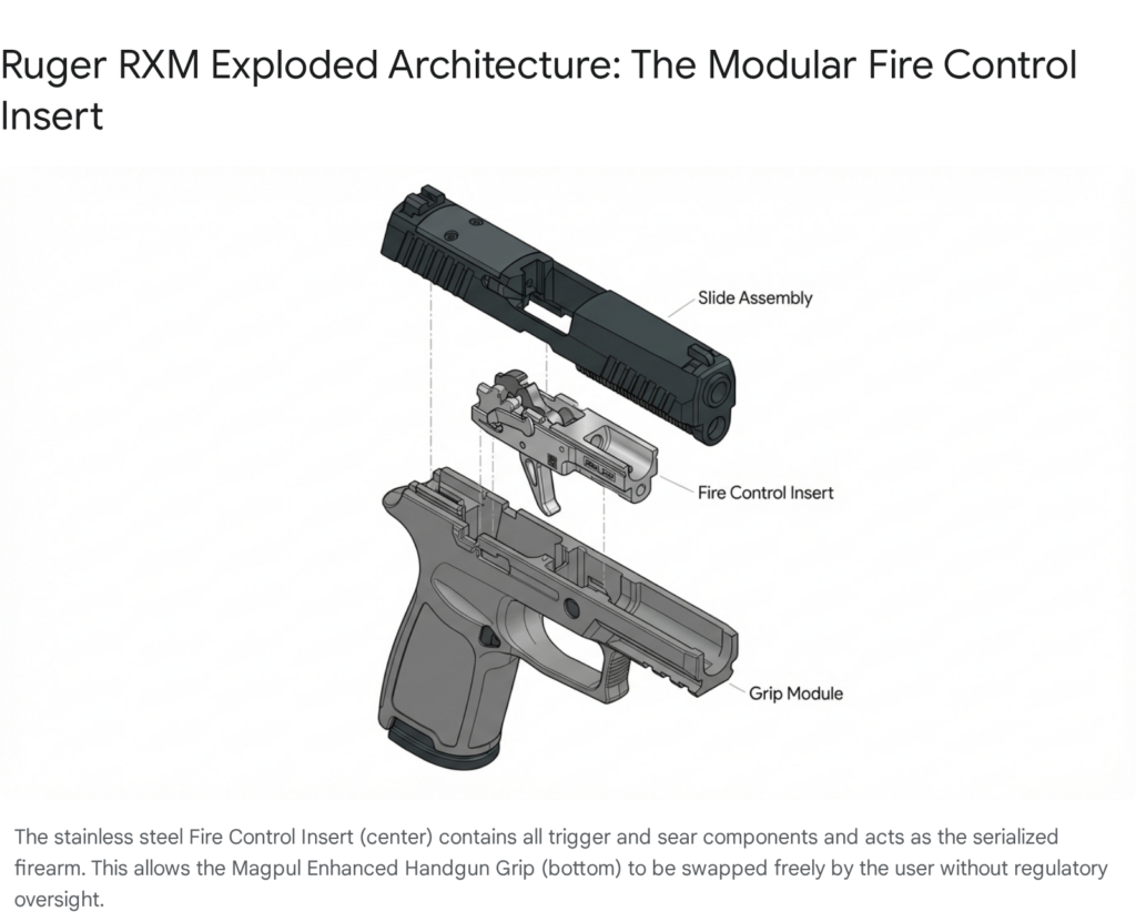 Ruger RXM exploded view: slide assembly, fire control insert, grip module.