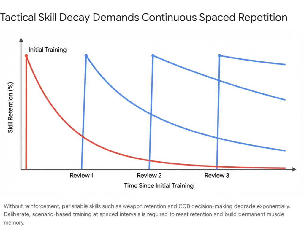 Tactical skill decay graph showing skill retention over time with spaced repetition reviews. "Tactical Skill Decay Demands Continuous Spaced Repetition