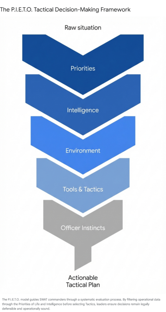 P.I.E.T.O. tactical decision-making framework: Priorities, Intelligence, Environment, Tools &amp; Tactics, Officer Instincts, Actionable Tactical Plan.