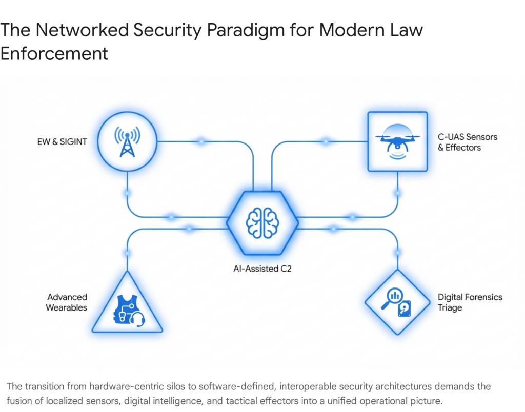Networked security paradigm for law enforcement: AI-assisted C2, EW &amp; SIGINT, C-UAS, wearables, digital forensics.