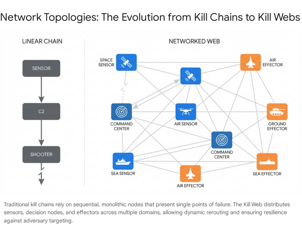 Network topologies: Linear kill chain vs. networked kill web, showing sensor-to-shooter connections and distributed nodes.