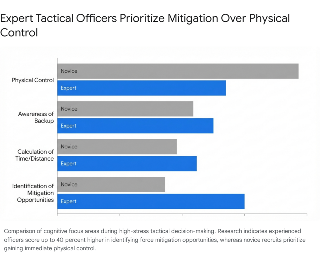 Comparison of expert vs novice tactical officer decision making focus areas.