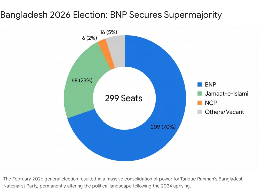 Bangladesh 2026 election results pie chart: BNP secures supermajority with 70% of seats.