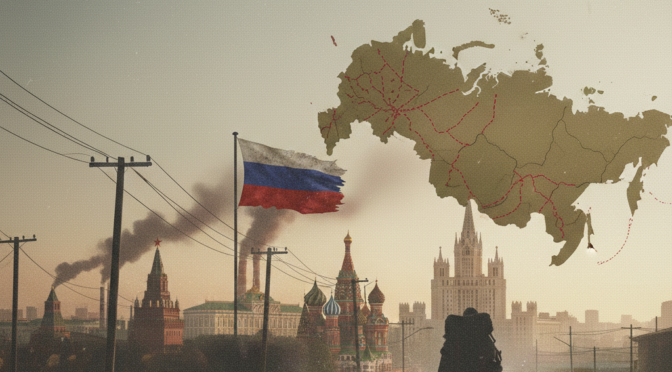 Russia in 2026: A lone figure walks past a tattered Russian flag and decaying Moscow skyline.