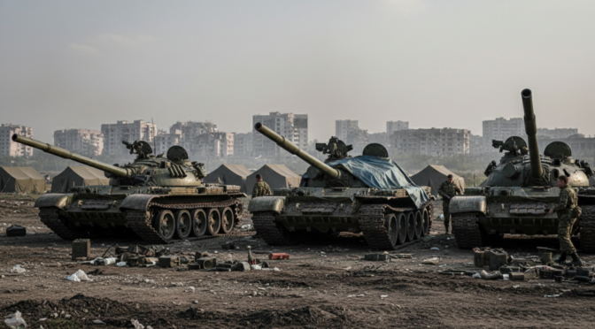 Tanks lined up in a field, likely related to the Russian economic costs and equipment shortages in Ukraine.