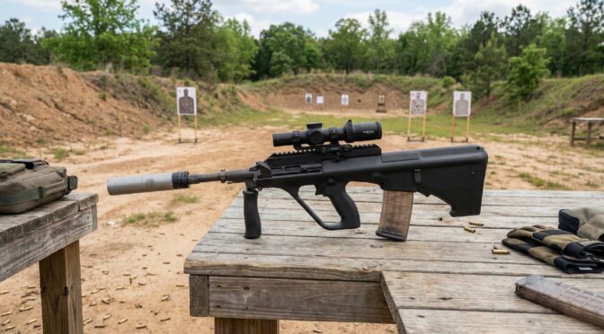 Steyr AUG-A3 bullpup rifle with suppressor and optic on a shooting range.