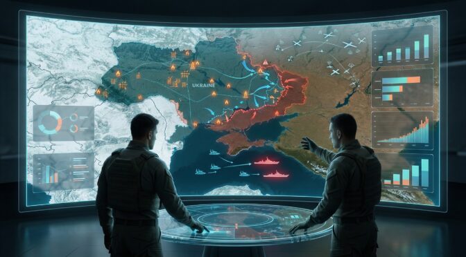 Military analysts monitor the Russia-Ukraine situation on a large display screen with maps and data graphs.