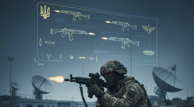 Ukrainian soldier firing rifle with overlaid weapon schematics; military modernization 2026.
