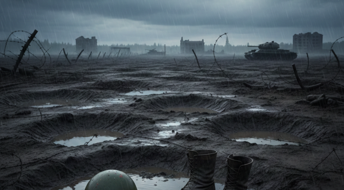 War scene: Soviet helmet and boots in a muddy field, tanks and ruined buildings in the distance. Reflects Russia's military attrition.