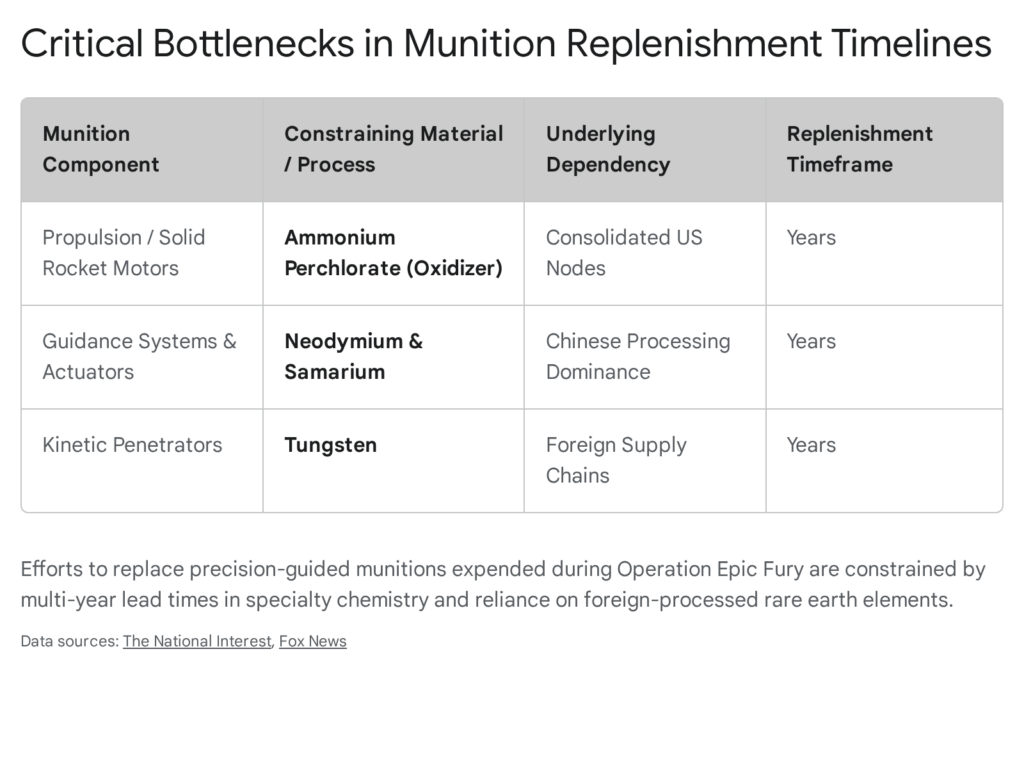 Critical munition replenishment bottlenecks: ammonium perchlorate, neodymium, tungsten. Years timeframe.