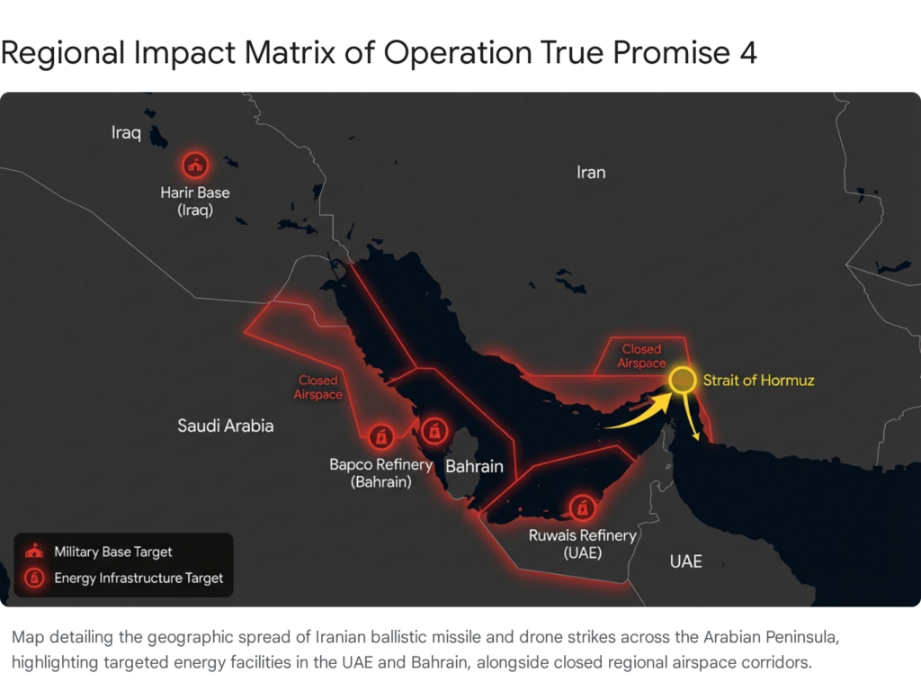Map of Operation True Promise 4 impacts: strikes on Harir Base (Iraq), Bapco Refinery (Bahrain), Ruwais Refinery (UAE).