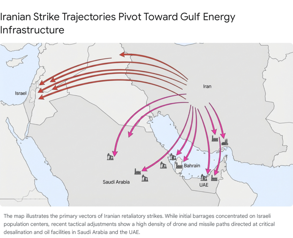 Map: Iranian strike trajectories targeting Gulf energy infrastructure, including Saudi Arabia and UAE.