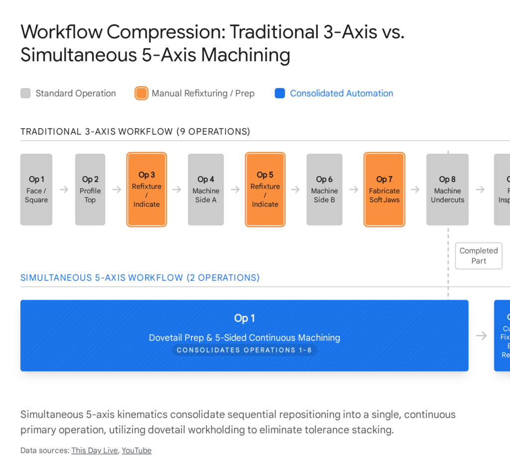 Workflow compression: 3-axis vs. 5-axis machining shows fewer steps, consolidating operations.