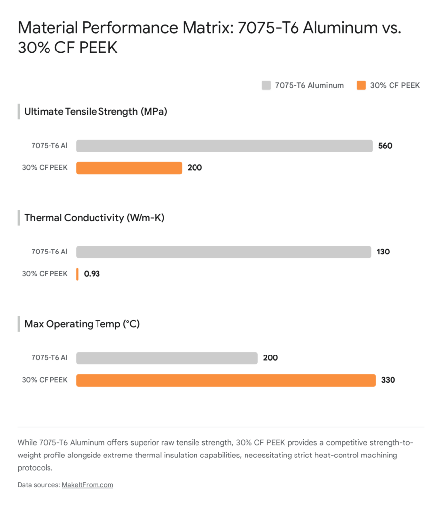 Material performance matrix: 7075-T6 Aluminum vs. 30% CF PEEK. Tensile strength, thermal conductivity, max operating temp.