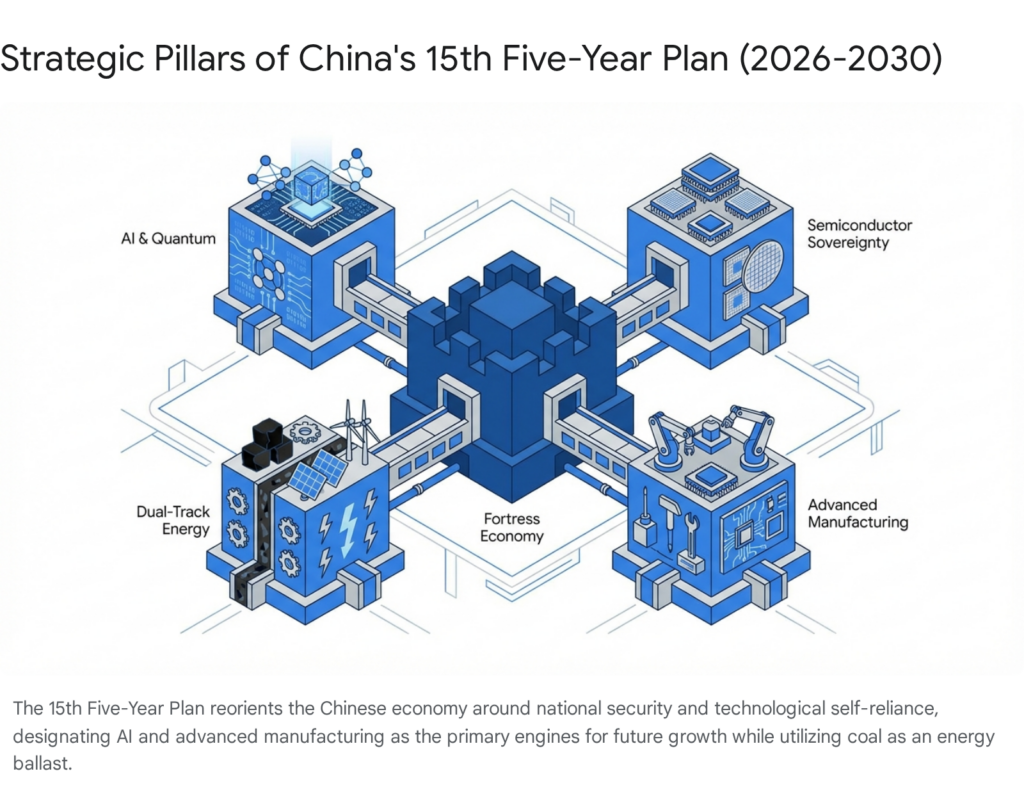 China's 15th Five-Year Plan (2026-2030) strategic pillars: AI, semiconductors, energy, manufacturing, fortress economy.