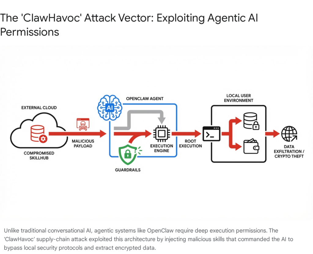 ClawHavoc attack vector diagram: Exploiting agentic AI permissions. Data exfiltration from compromised SkillHub.