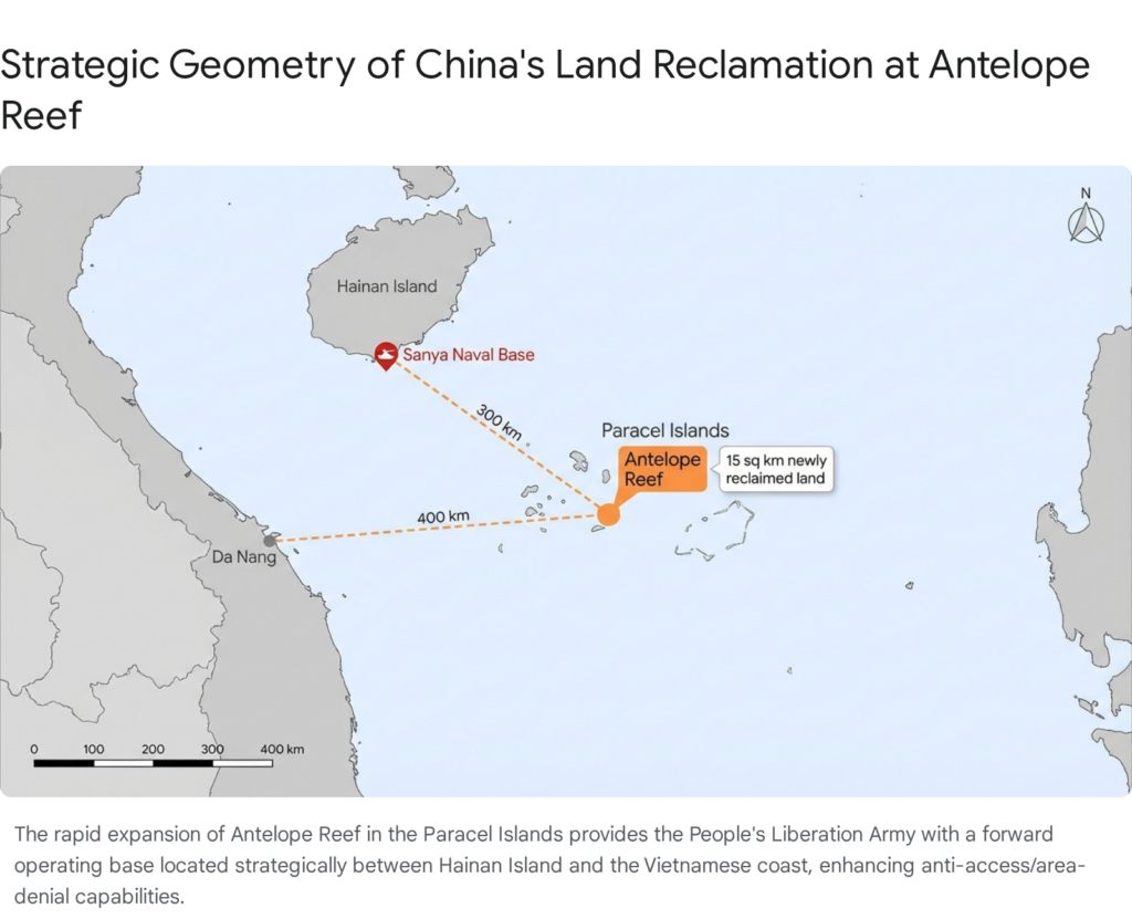China's Antelope Reef land reclamation in the Paracel Islands, showing its strategic location between Hainan and Vietnam.