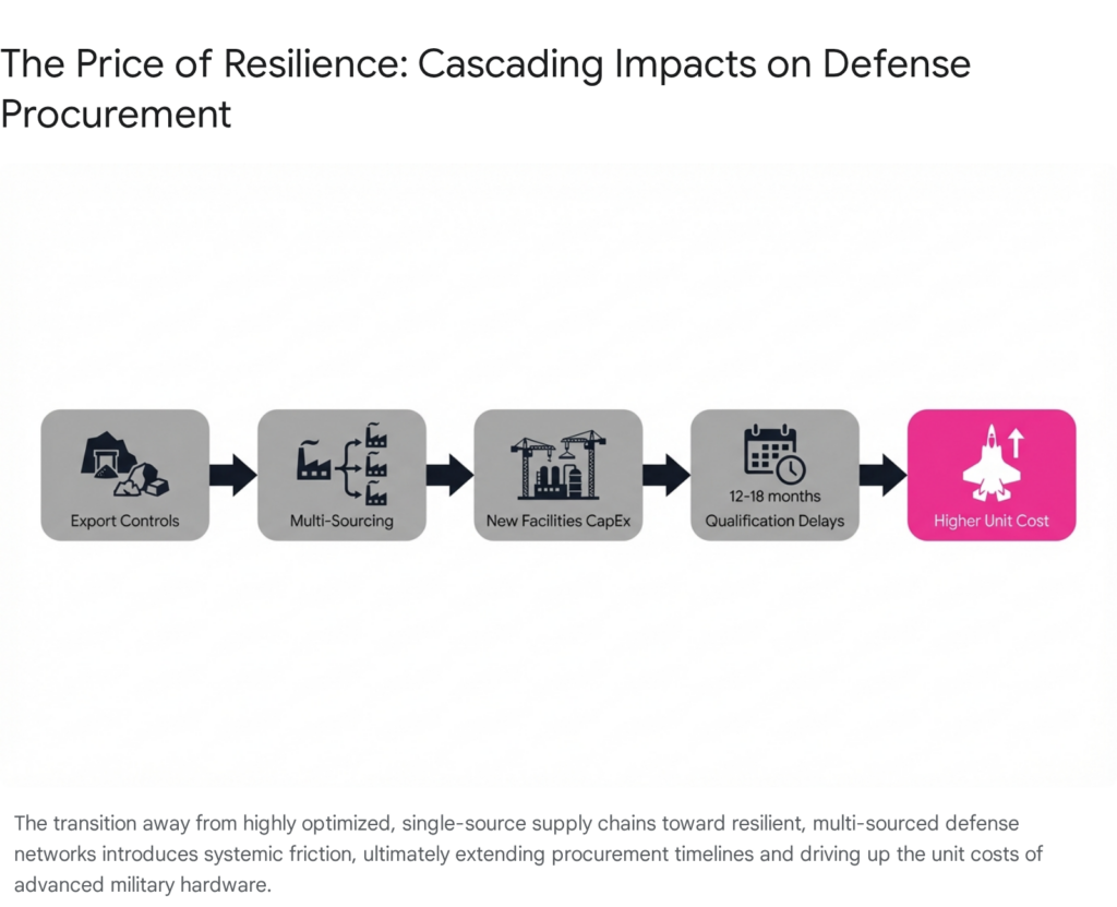 The Price of Resilience: Cascading impacts on defense procurement, including export controls and higher unit costs.