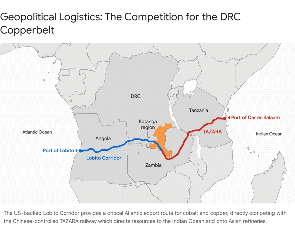 Map of DRC Copperbelt showing Lobito Corridor (US-backed) and TAZARA railway (Chinese-controlled). Geopolitical logistics.
