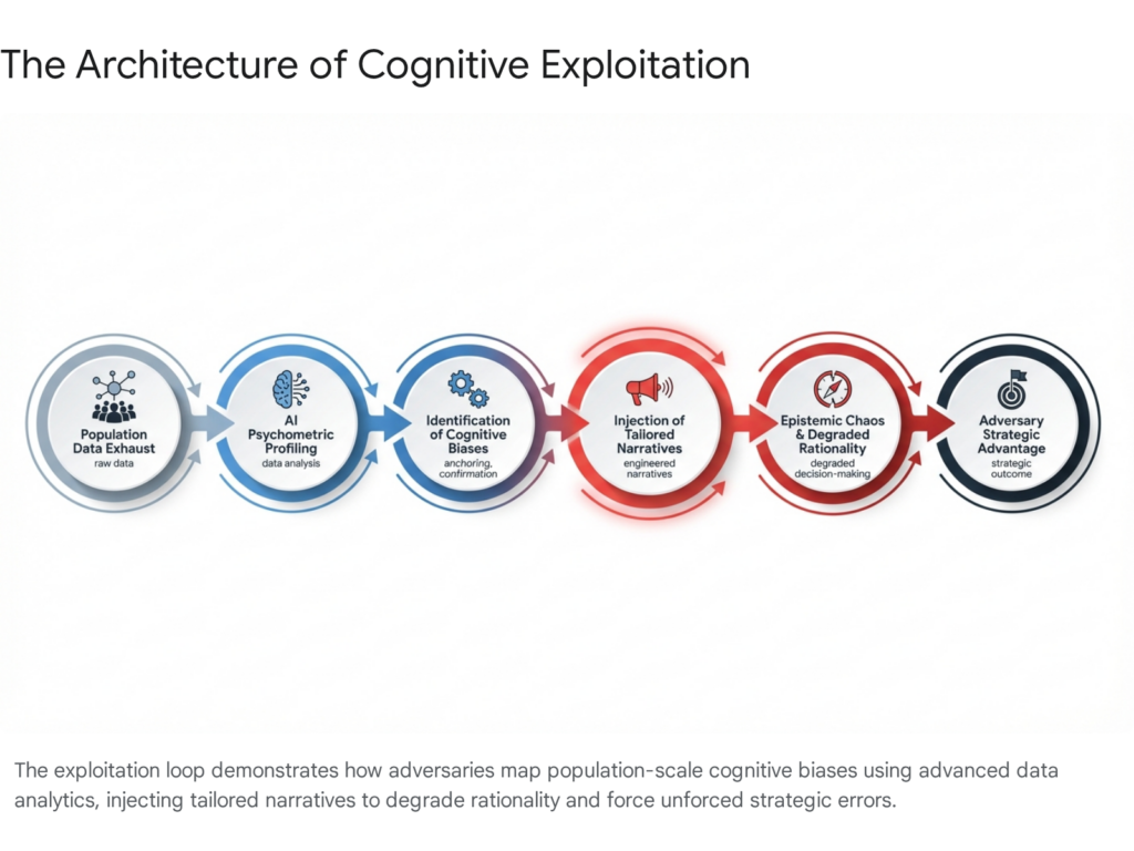 Cognitive exploitation architecture: data exhaust, profiling, biases, tailored narratives, degraded rationality, strategic advantage.
