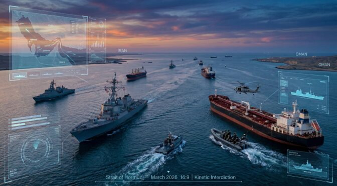 Strait of Hormuz: Naval ships and a helicopter during a kinetic interdiction operation in March 2026. "Operation Epic Fury" imagery.