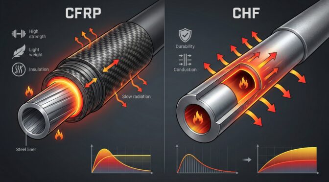 CFRP vs. CHF barrels comparison: CFRP showing insulation, CHF showing conduction. High strength CFRP with steel liner.