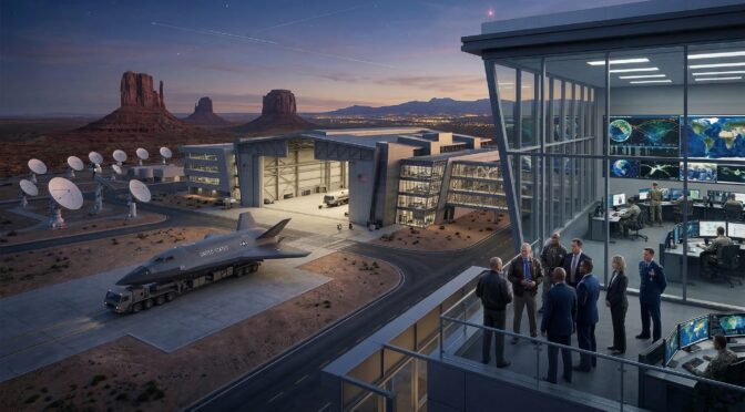 U.S. Space Force base with a spaceplane, control room, satellite dishes, and desert landscape.