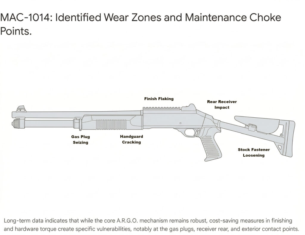 MAC-1014 shotgun diagram showing identified wear zones: finish flaking, gas plug seizing, handguard cracking, and stock fastener loosening.