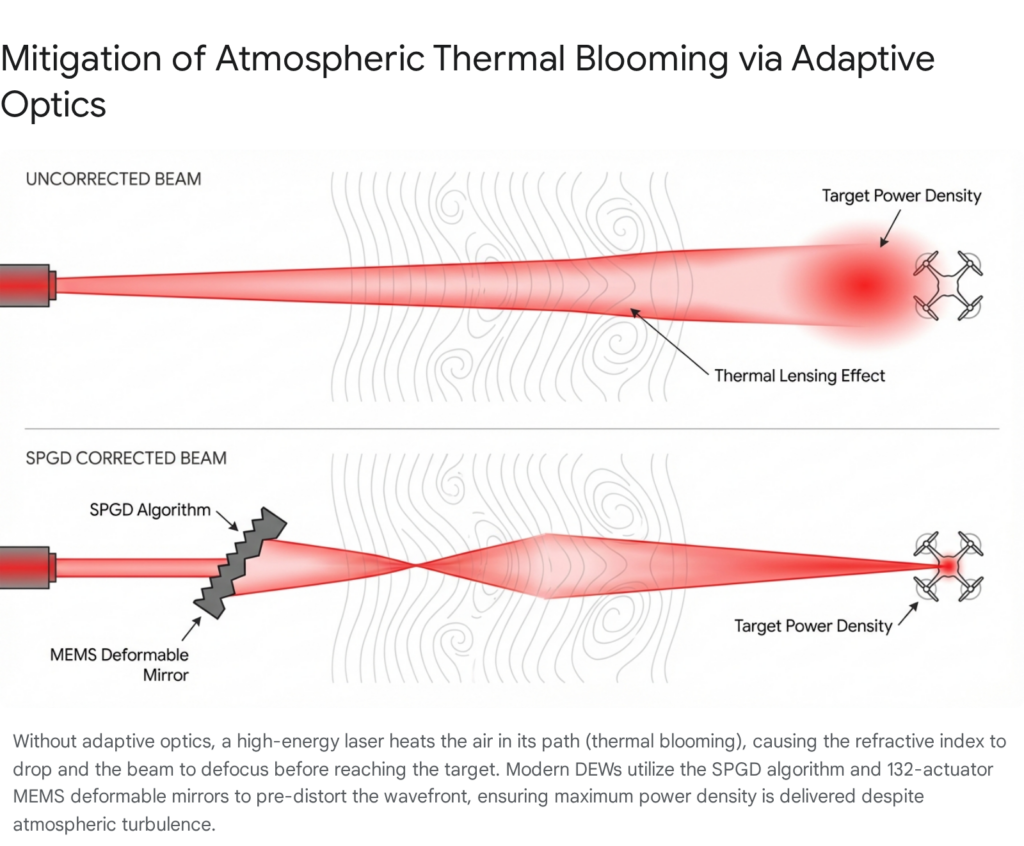 Mitigation of atmospheric thermal blooming using adaptive optics in directed energy weapons.