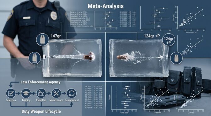 9mm ammo comparison: 147-grain vs 124-grain +P. Law enforcement duty weapon lifecycle diagram included.
