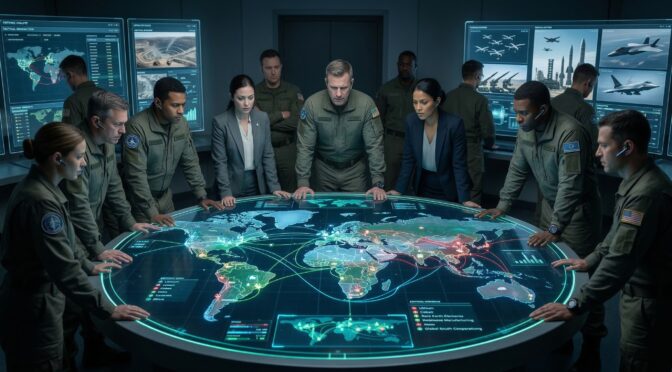 Military personnel analyzing a world map display in a high-tech control room, focusing on critical minerals.