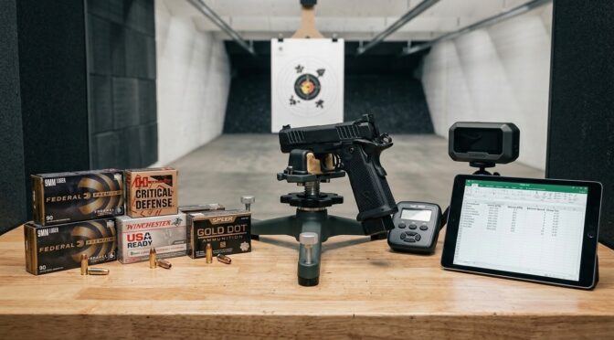 9mm ammo, Staccato P pistol, chronograph, and target at a shooting range. Federal, Winchester, and Speer ammunition boxes.