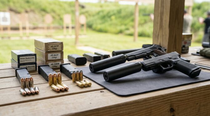 Pistols with suppressors, ammunition, and magazines on a shooting range table.