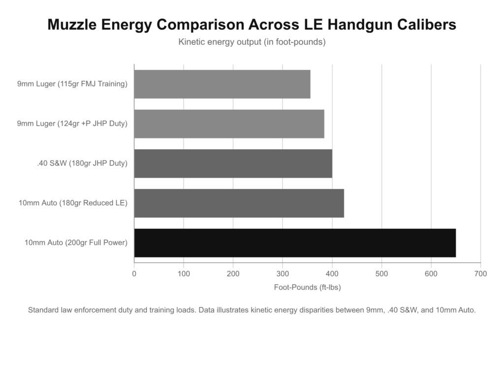 Muzzle energy comparison chart for 9mm, .40 S&amp;W, and 10mm Auto LE handgun calibers.