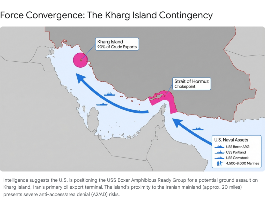 Map of Kharg Island contingency, Strait of Hormuz chokepoint, and U.S. Naval assets. "Force Convergence: The Kharg Island Contingency
