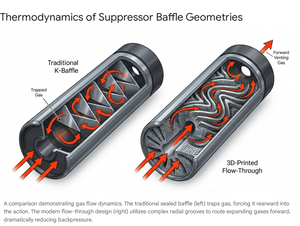 Suppressor baffle geometry comparison: traditional K-baffle vs. 3D-printed flow-through design.