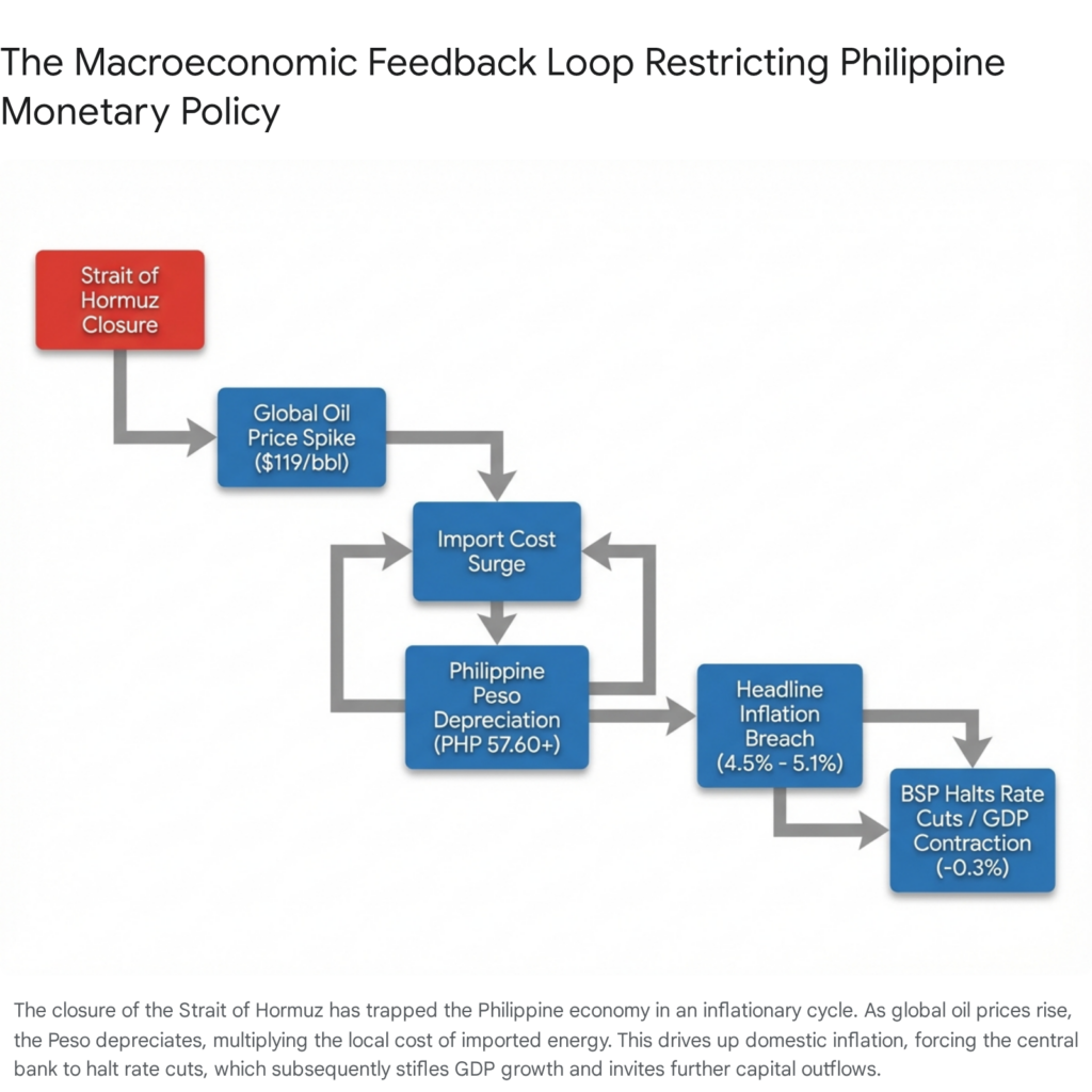 Macroeconomic feedback loop showing how a Strait of Hormuz closure impacts the Philippines, causing inflation and GDP contraction.