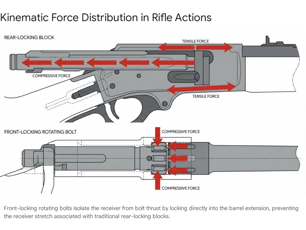Kinematic force distribution in rifle actions: rear-locking block and front-locking rotating bolt. Compressive and tensile forces shown.