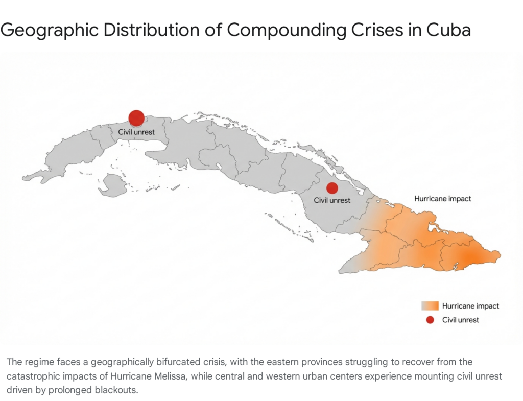 Map of Cuba showing civil unrest and hurricane impact areas. SITREP Cuba.