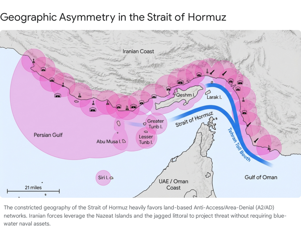 Strait of Hormuz map showing Iranian A2/AD network, highlighting geographic asymmetry and potential maritime blockades.