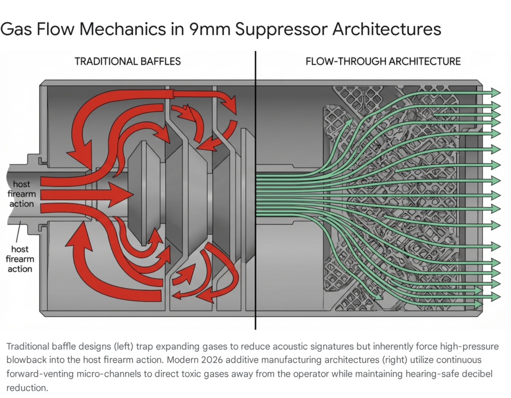 9mm suppressor gas flow: Traditional baffles vs. flow-through architecture. Less blowback with new designs.