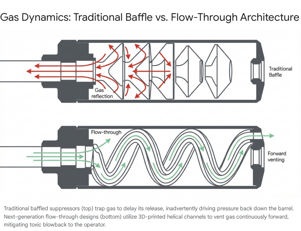 Gas dynamics: Traditional baffle vs. flow-through suppressor architecture. Blowback mitigation.