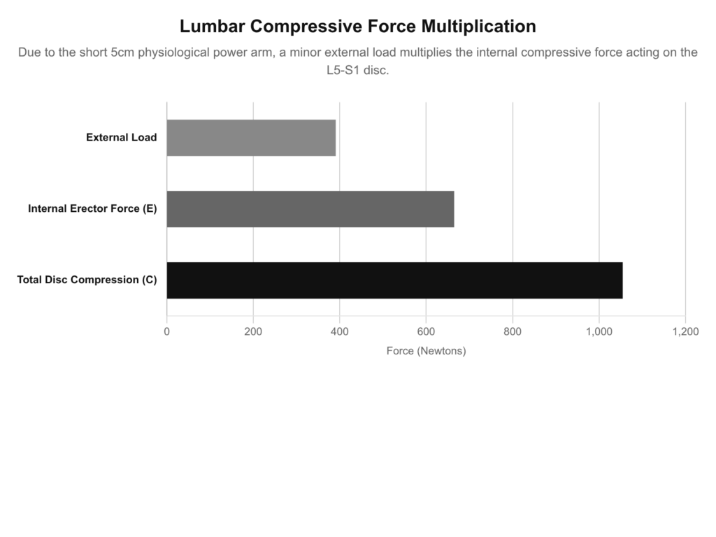 Lumbar compressive force multiplication chart showing external load, erector force, and disc compression.