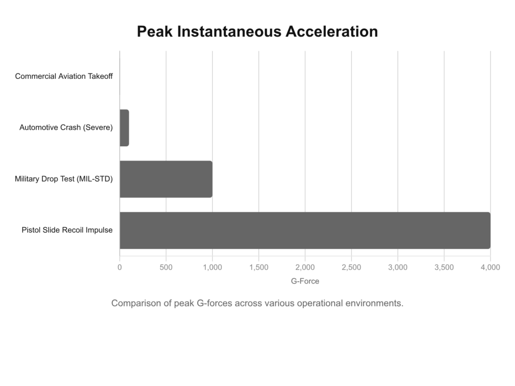 Peak G-force comparison: pistol slide recoil impulse, military drop test, automotive crash, commercial aviation takeoff.
