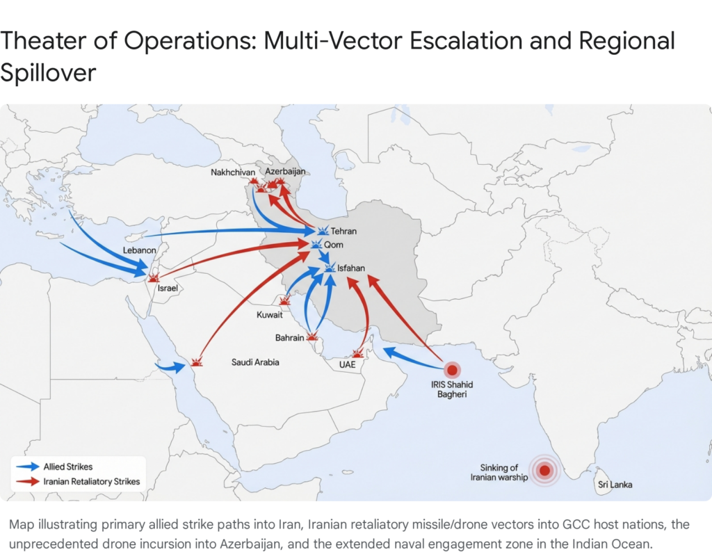 Map of potential strikes on Iran &amp; retaliatory vectors, including Operation Epic Fury zones.