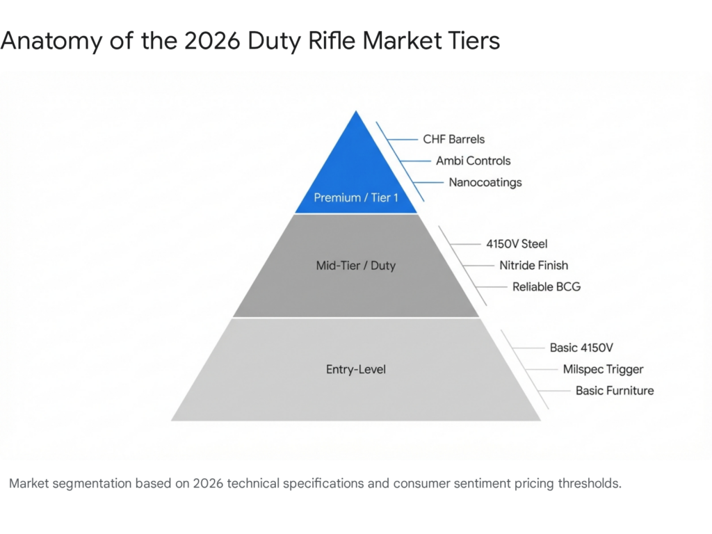 Duty rifle market tiers for 2026: Premium, Mid-Tier, and Entry-Level, with key features at each level.