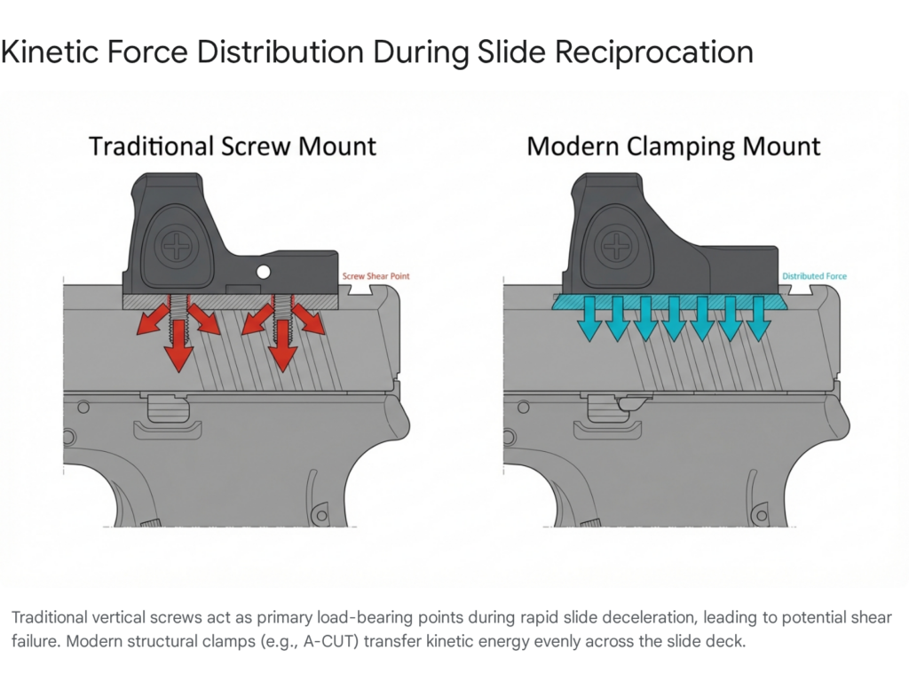 Tactical pistol optic mount comparison: screw mount vs. clamping mount showing force distribution.